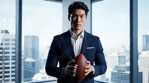 Confident Businessman Holding Football in Modern Office, Cityscape Background