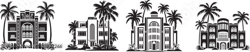 Tropical Paradise Silhouette: A stylized collection of tropical buildings, each framed by swaying palm trees, creates a serene coastal scene.