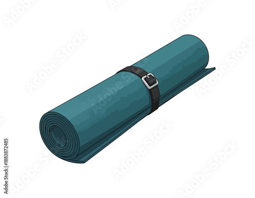 A rolled-up teal yoga or sleeping mat secured with a black adjustable strap, perfect for fitness, camping, or outdoor activities
