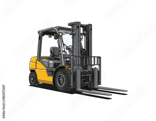 Yellow industrial forklift truck illustration, modern vehicle for heavy lifting and warehouse operations