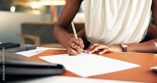 Bild auf Leinwand Signature, documents and hands of business woman in office for legal agreement, drafting policy and writing