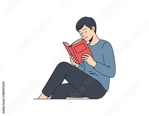 An illustration of a young man sitting cross-legged on the floor, engrossed in reading a book, with his eyes closed in contentment and a peaceful expression