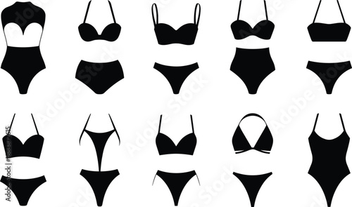 Collection of modern black bikini and swimsuit silhouettes, elegant women’s swimwear vector illustration for fashion design, beachwear and summer style
