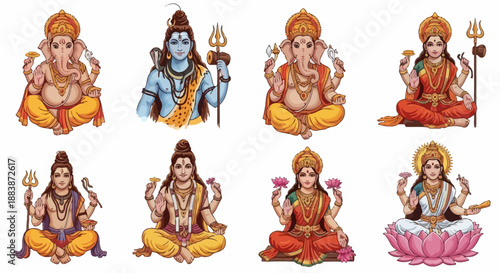 Hindu deities in traditional clothing meditate in various yoga poses