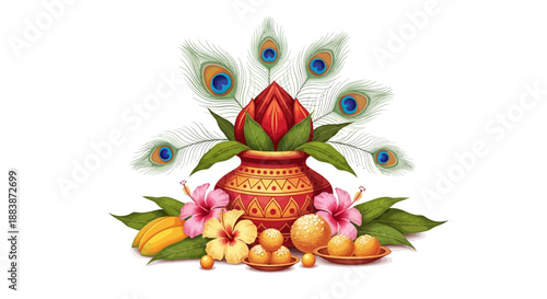 Vibrant Indian festival illustration of decorated pot with peacock feathers and flowers