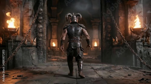 Wallpaper Mural A dark warrior walks forward inside a fire-lit temple, radiating power, menace, and commanding presence amid flickering flames. Torontodigital.ca