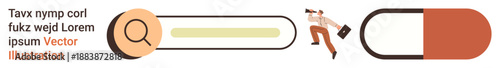 Business analysis, search functionality, workflow optimization, medication services, productivity tools, and digital navigation. Search bar, person with briefcase capsule. Search functionality