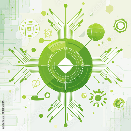 Abstract green technology backdrop featuring detailed circuit patterns, semiconductor traces, and futuristic digital elements for innovative tech presentations.