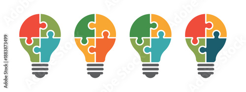 Light Bulb Puzzle Icons, Lamp Symbol with Jigsaw Inside, Business Concept Idea Strategy, Four Puzzle Pieces with Light Bulbs, Vector Illustration.