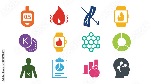 A collection of colorful health and wellness icons on a white background