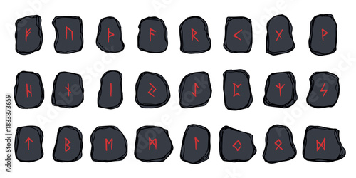 Set of hand drawn viking runes Rune stones with ancient norse alphabet characters engraved on them Scandinavian futhark germanic celtic Single element for design, print, web, decor