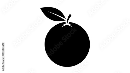 Simple black silhouette vector icon representing a whole citrus fruit, likely an orange or mandarin, complete with a small stem and single attached leaf illustrating fresh produce design.