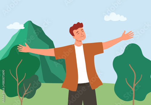 Young man breathing fresh forest air enjoying freedom natural scene. Male traveler smelling wilderness aroma and savoring harmony of nature vector illustration