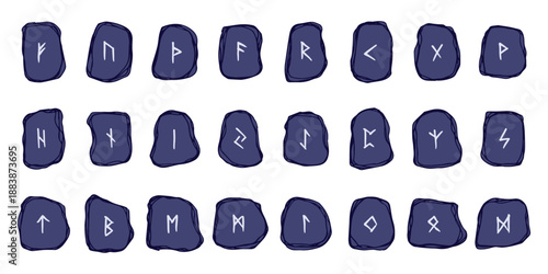 Set of hand drawn viking runes Rune stones with ancient norse alphabet characters engraved on them Scandinavian futhark germanic celtic Single element for design, print, web, decor