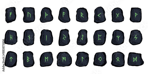 Set of hand drawn viking runes Rune stones with ancient norse alphabet characters engraved on them Scandinavian futhark germanic celtic Single element for design, print, web, decor