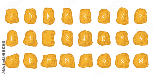 Set of hand drawn viking runes Rune stones with ancient norse alphabet characters engraved on them Scandinavian futhark germanic celtic Single element for design, print, web, decor