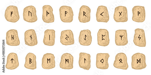 Set of hand drawn viking runes Rune stones with ancient norse alphabet characters engraved on them Scandinavian futhark germanic celtic Single element for design, print, web, decor