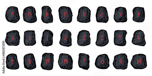Set of hand drawn viking runes Rune stones with ancient norse alphabet characters engraved on them Scandinavian futhark germanic celtic Single element for design, print, web, decor