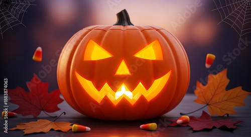 Spooky Halloween Jack-o-lantern glowing with candy corn and autumn leaves on a dark background