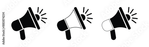 Minimalist megaphone icon set with thin line and solid black versions showing sound waves and broadcast