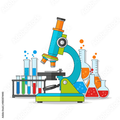 Microscope and laboratory equipment with colorful liquids, science and research concept
