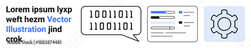 Binary code speech bubble, interface sections with bars and text, and gear icon. Ideal for technology, coding, communication, development, data analysis, programming simple landing page