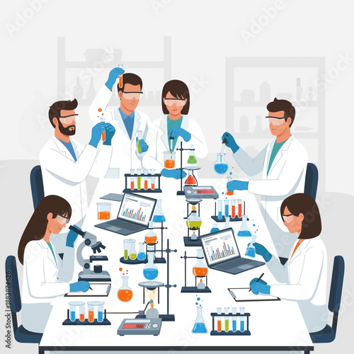 Diverse scientists collaborating in a modern laboratory, conducting experiments with beakers and microscopes.