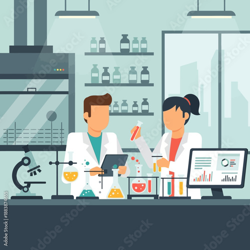 Scientists working in a modern laboratory with equipment and data