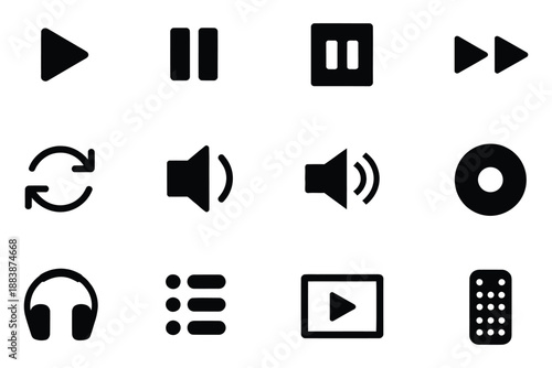 Arrows triangle vector skip speaker headphone icon set for media player controls, stop square, repeat function, audio video interface, modern multimedia technology illustration