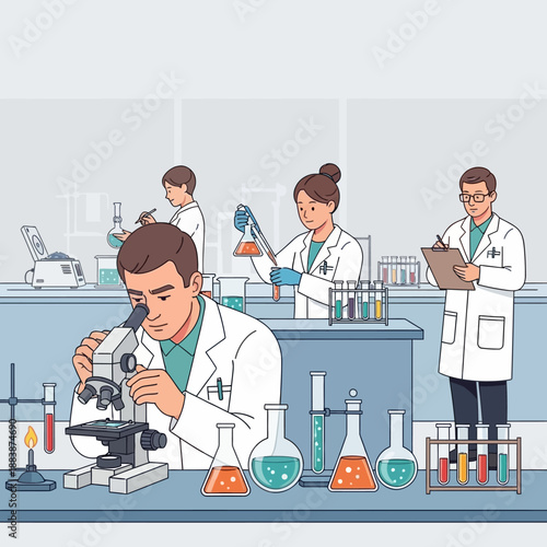 Scientists working in a modern laboratory, conducting research with microscopes and test tubes.