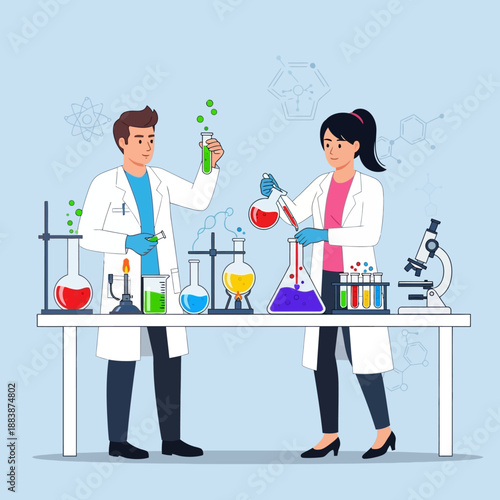 Scientists conducting experiment with colorful liquids in laboratory, research and development concept