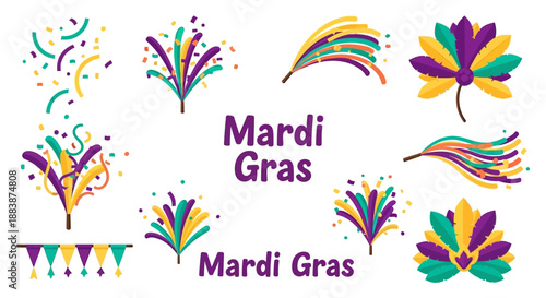 Colorful Mardi Gras icons and symbols, including festive floral designs and banners, arranged on a clean white background with purple, green, and yellow hues, conveying a celebratory mood.
