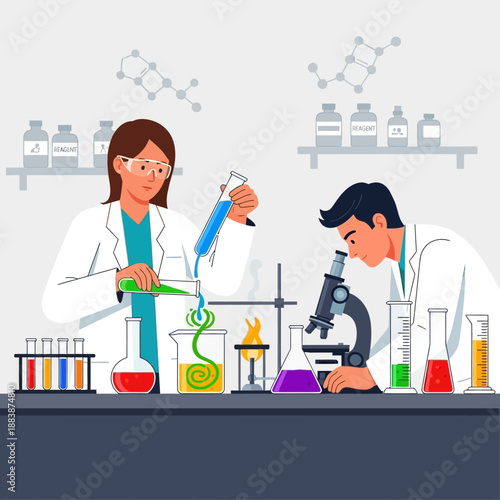 Scientists conducting experiment in laboratory with beakers, microscope, and test tubes