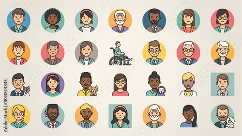 Diverse Group of People Illustrated in Circular Avatars.