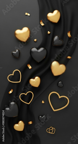 Gold and Black Hearts Flow Elegantly on Fabric