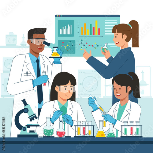 Diverse scientists collaborate in a modern lab, researching molecules and data.