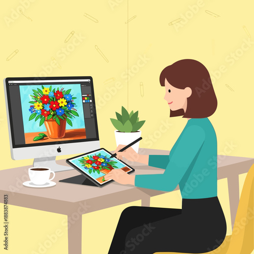 Artist designing digital flower art on computer and tablet, creative workspace
