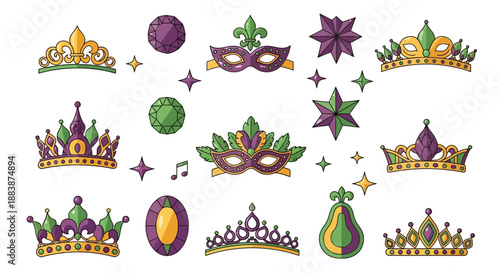 Mardi Gras icons and symbols, including colorful masks, crowns, stars, and beads, arranged on a white background in a festive and celebratory composition.