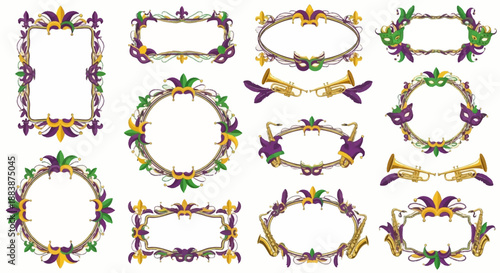 Collection of mardi gras themed borders and frames with colorful illustrations of masks, beads, and trumpets on a white background.