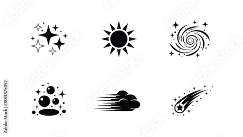 A collection of black celestial icons on a white background