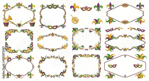 Collection of mardi gras themed frames and icons with colorful masks, beads, and fleur-de-lis on a white background, featuring various shapes and illustrations.