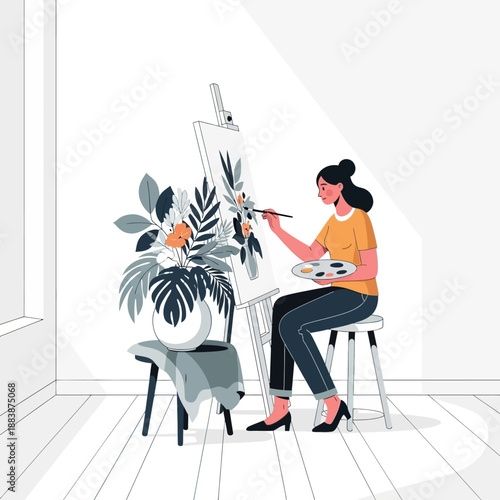 Artist painting flowers on canvas, creative hobby, illustration