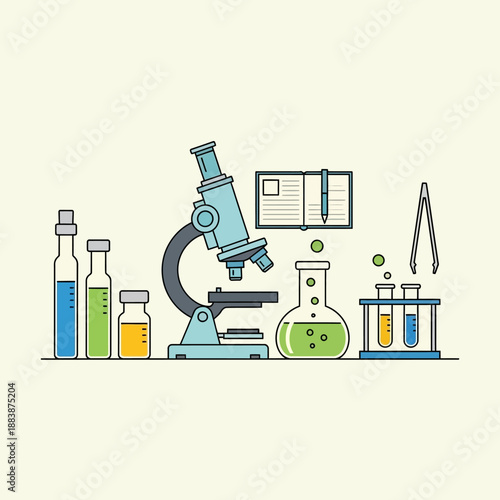 Science Laboratory Equipment: Microscope, Beakers, Test Tubes, Flasks, Book