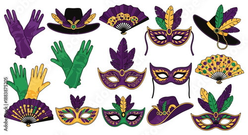 Collection of mardi gras themed icons including masks, hats, and gloves in purple, green, and gold on a white background.