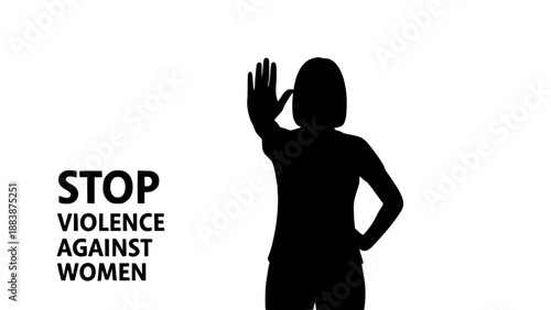 Silhouette woman stopping violence against women with raised hand and empowering message