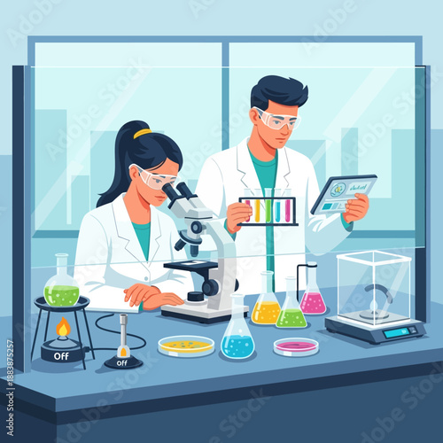 Scientists researching in modern laboratory, using microscope and tablet