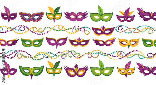 Colorful mardi gras masks and beads arranged in rows on a white background with mardi gras elements and symbols.