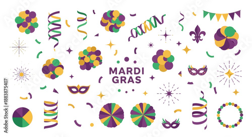 Colorful Mardi Gras icons and symbols, including masks, beads, and festive decorations, arranged against a clean white background with a vibrant, celebratory mood.