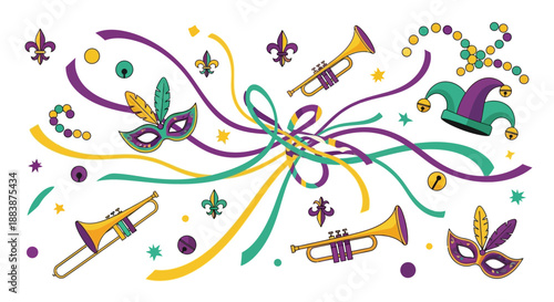 Vibrant mardi gras elements illustration with mardi gras masks, trumpets, ribbons, and fleur-de-lis symbols on a white background, conveying a festive and celebratory mood with a flat lay