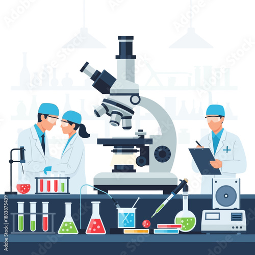 Scientists in Laboratory Conducting Research with Microscope and Equipment
